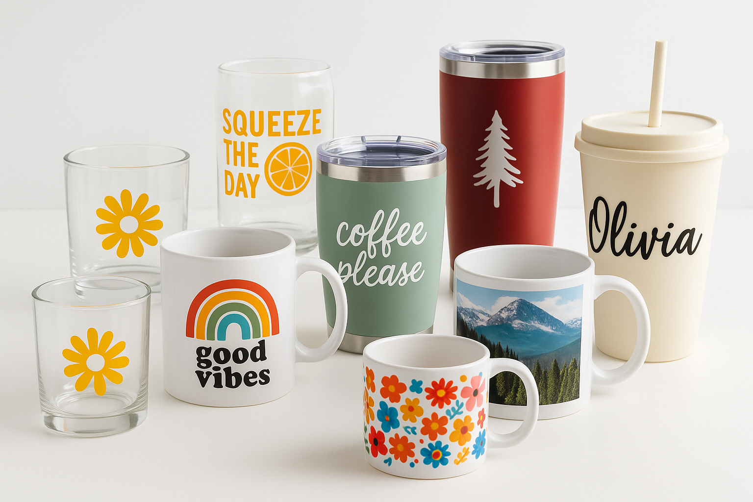 various types of cups with vinyl stickers and sublimated mugs